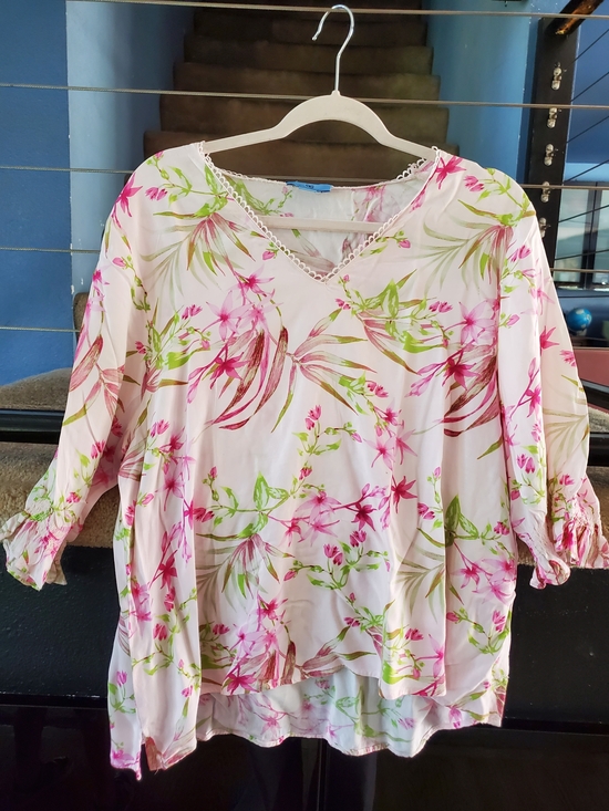 CeCe Tops - CeCe White Floral V-Neck 3/4 Sleeve Blouse with Pink & Green Print